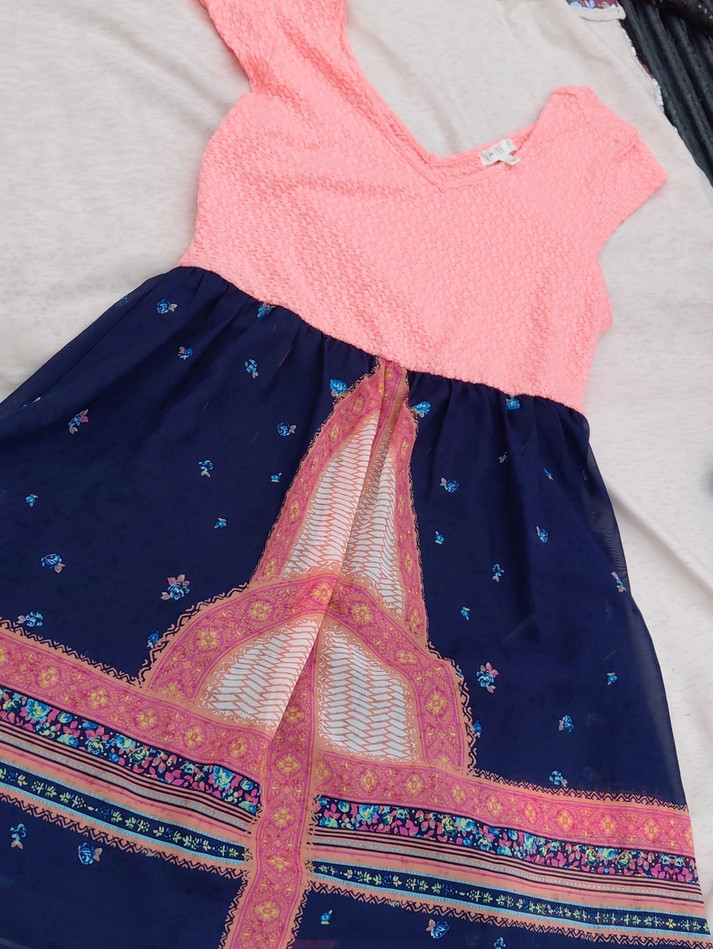 love, Fire Coral Pink Textured Bodice Navy Floral Border Sundress